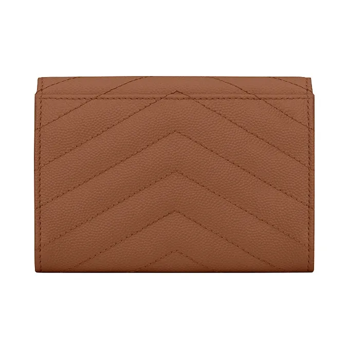 SAINT LAURENT Monogram Quilting Leather Cropped Flap Envelope Wallet Small Size Women's Deep Natural Brown-1