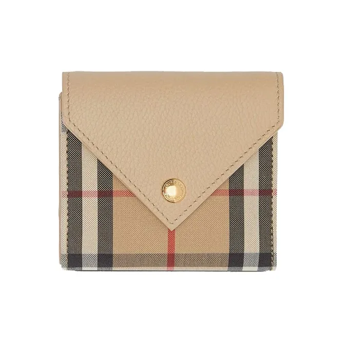 Burberry Cow Leather Money Clip Card Holder Envelope Bag Clutch Wallet Women's Beige-0