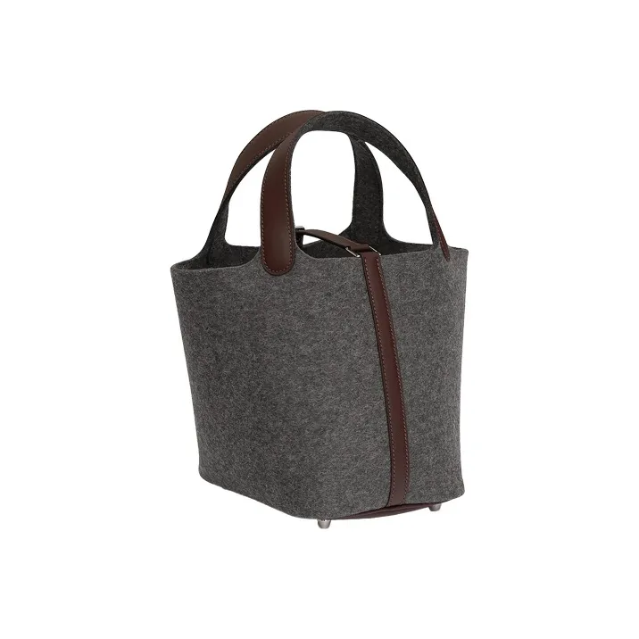 HERMES Picotin Lock Cow Leather Patchwork With Wool Basket Bag Handbag 18 Unisex Medium Grey/Havana-2