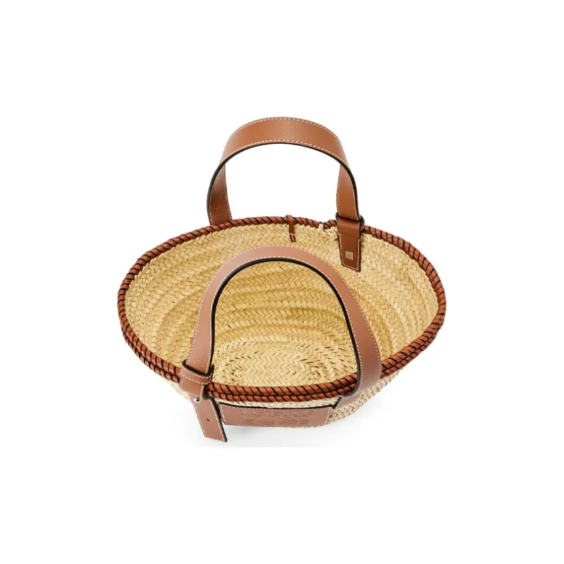 LOEWE Basket Palm Leaf With Calfskin Vacation Bag One Shoulder Handbag Small Size Women's Brown-2