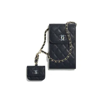 CHANEL Embossed Calfskin And Metal AIRPODS Headphone Case With Cell Phone Pouch Women's Dark Blue