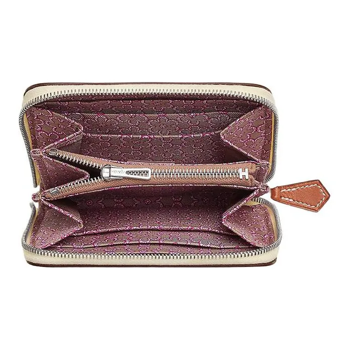 HERMES Silk'In Epsom & Barenia Calfskin Card Holder, Wallet Regular Women's Gray White/Tea Brown/Purple Rose-1