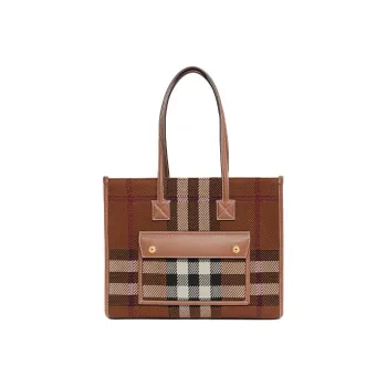 Burberry Freya Calfskin Patchwork Fabric Tote Bag Shopping Bag Shoulder Bag Handbag Small Size Women's Birch Brown