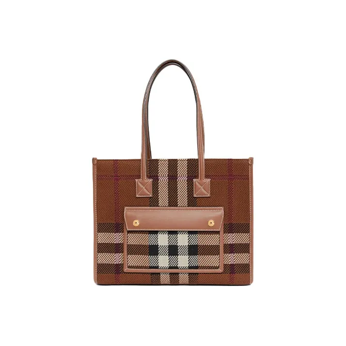 Burberry Freya Calfskin Patchwork Fabric Tote Bag Shopping Bag Shoulder Bag Handbag Small Size Women's Birch Brown-0