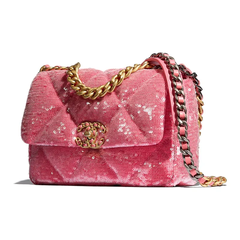 CHANEL 19Bag Sequined Calfskin Flap Bag, Shoulder Bag, Crossbody Bag Trumpets Women's Coral-1