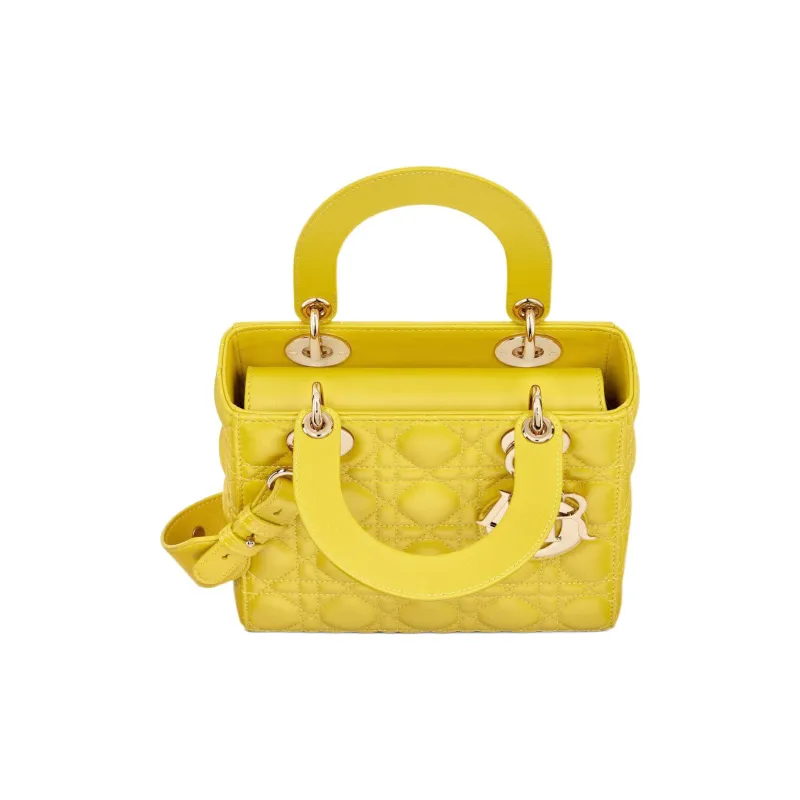DIOR Lady Dior Sheepskin One Shoulder Handbags Small Size Women's Mustard Yellow-2