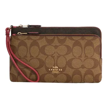 COACH Double Zip Wallet Canvas Wrist Clutch Trumpets Women's Khaki & Bright Pink