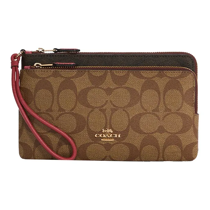 COACH Double Zip Wallet Canvas Wrist Clutch Trumpets Women's Khaki & Bright Pink-0