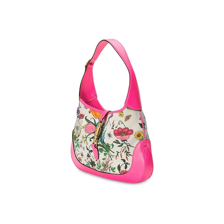 GUCCI Jackie 1961 Fabric With Leather Crescent Shoulder Bag Handbag Medium Size Women's Fuchsia Multicolor-2