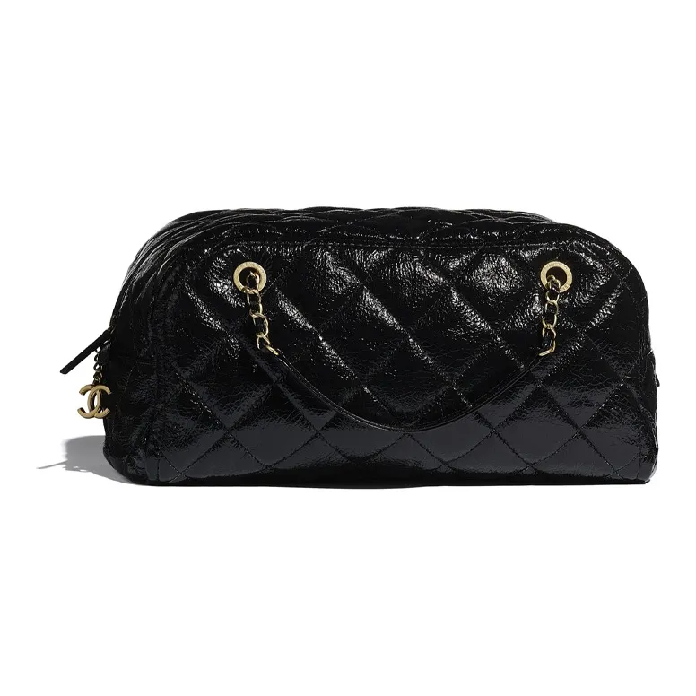 CHANEL Shiny Crinkle Calfskin One Shoulder Handbag Tubas Women's Black-1