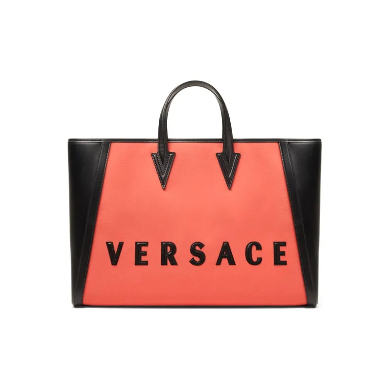 VERSACE Canvas Tote Bag Shopping Bag Shoulder Bag Handbag Men's Red Black Multicolor-0