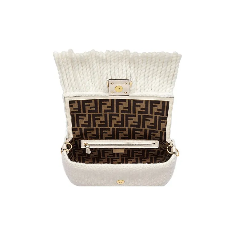FENDI Baguette Wool Baguette Bag One Shoulder Handbag Crossbody Bag Medium Size Women's White-2