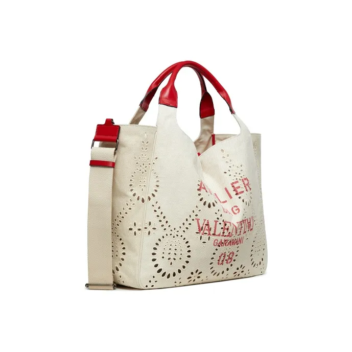 Valentino GARAVANI Canvas Canvas Bag Tote Bag Shopping Bag Handbag Large Size Women's Beige/Red-1