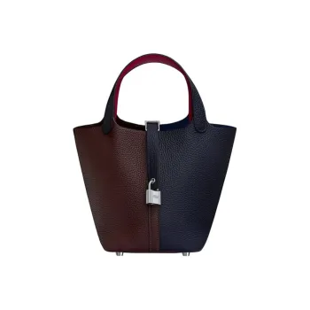 HERMES Picotin Lock Little Bull Leather Bucket Bag Handbag Women's Midnight Blue & Saddle Equipment Red & Raspberry Red