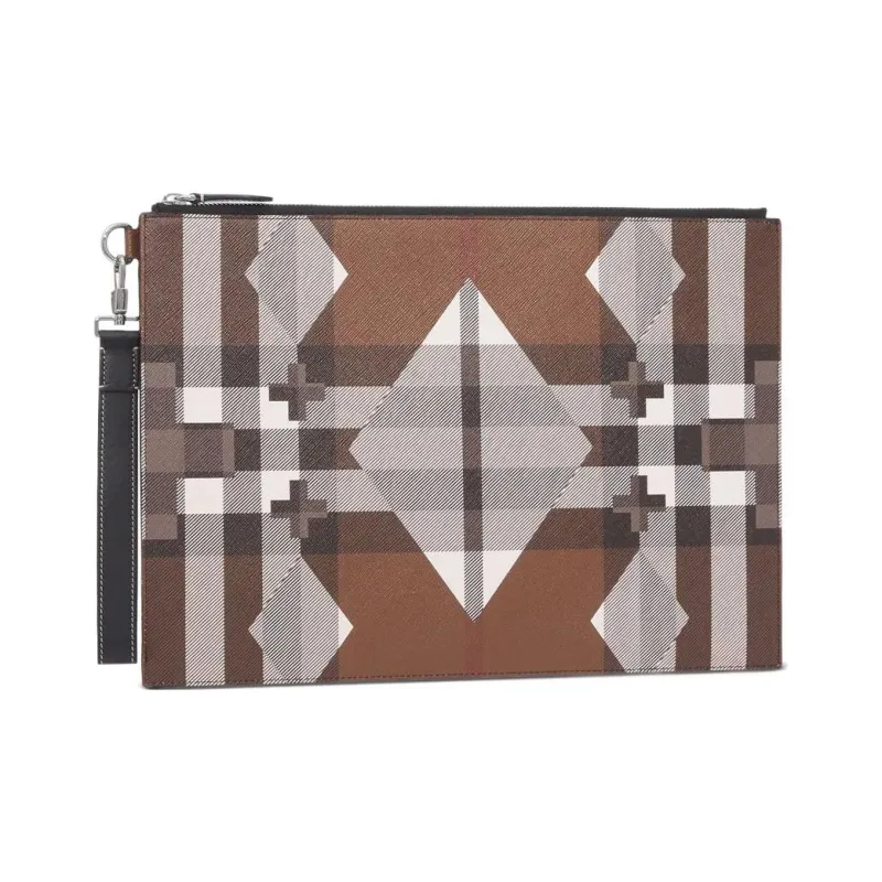 Burberry Large Geometric Check And Leather Zip Pouch 'Dark Birch Brown'-1