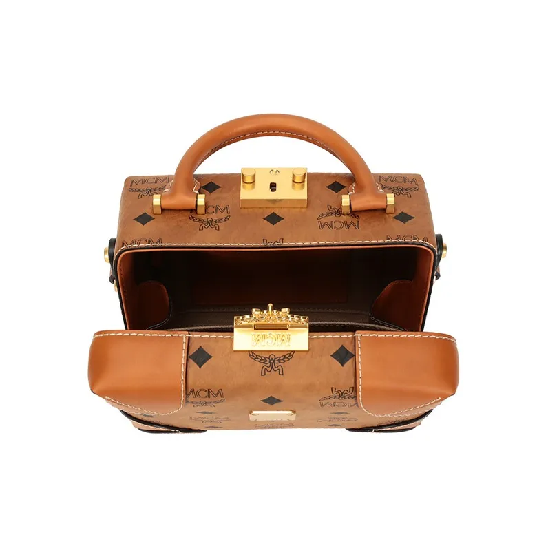 MCM Leather Box Bag, Handbag, Crossbody Bag, Shoulder Bag Women's Brown Cognac-4