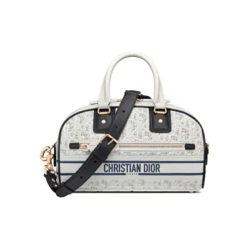 DIOR Cow Leather Bowling Bag, Shoulder Bag, Crossbody Bag, Handbag Women's White & Blue