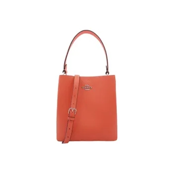 COACH Town Grain Leather Bucket Bag, One Shoulder Handbag Medium Size Women's Orange Pink
