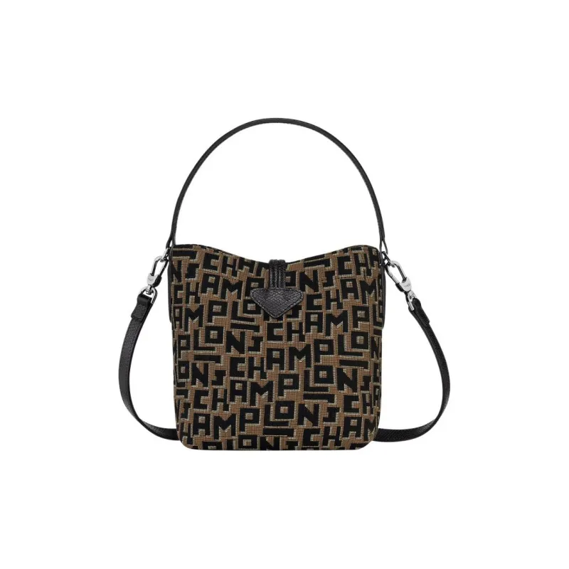 LONGCHAMP Roseau Polyester Bucket Bags One Shoulder Handbags Small Size Women's Black & Brown-2