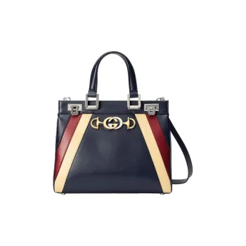 GUCCI Zumi Leather Handbag Trumpets Women's Dark Blue/Red/Beige