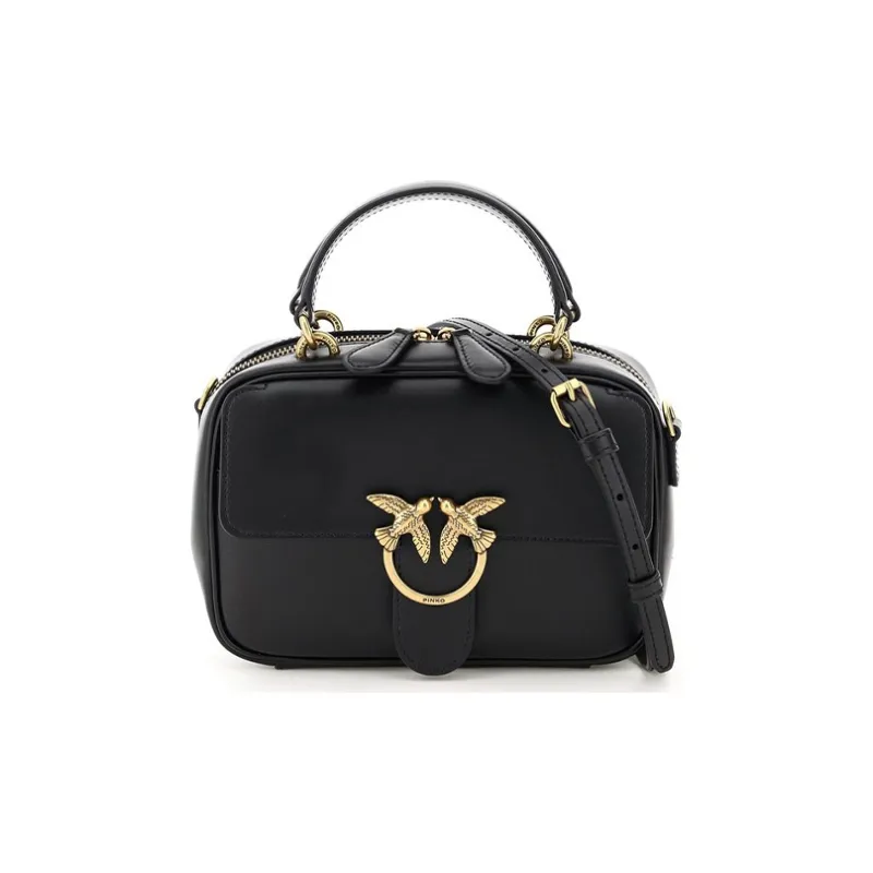 PINKO Cow Leather Swift Bag Camera Bag Shoulder Bag Crossbody Bag Handbag Mini Unisex Pure Black Black/Gold-0