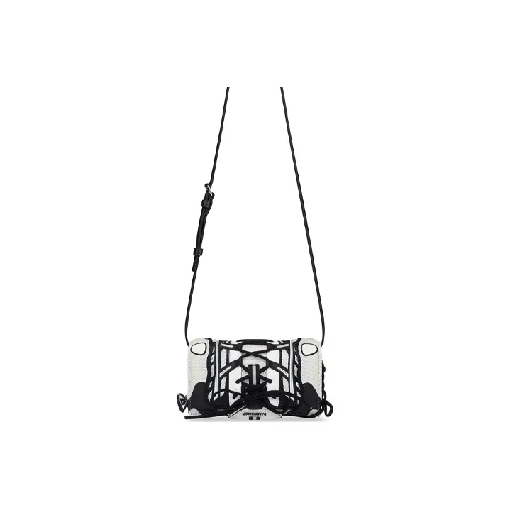 Balenciaga Fabric With Leather Lace Up One Shoulder Crossbody Cell Phone Pouch Small Size Women's White & Black-1