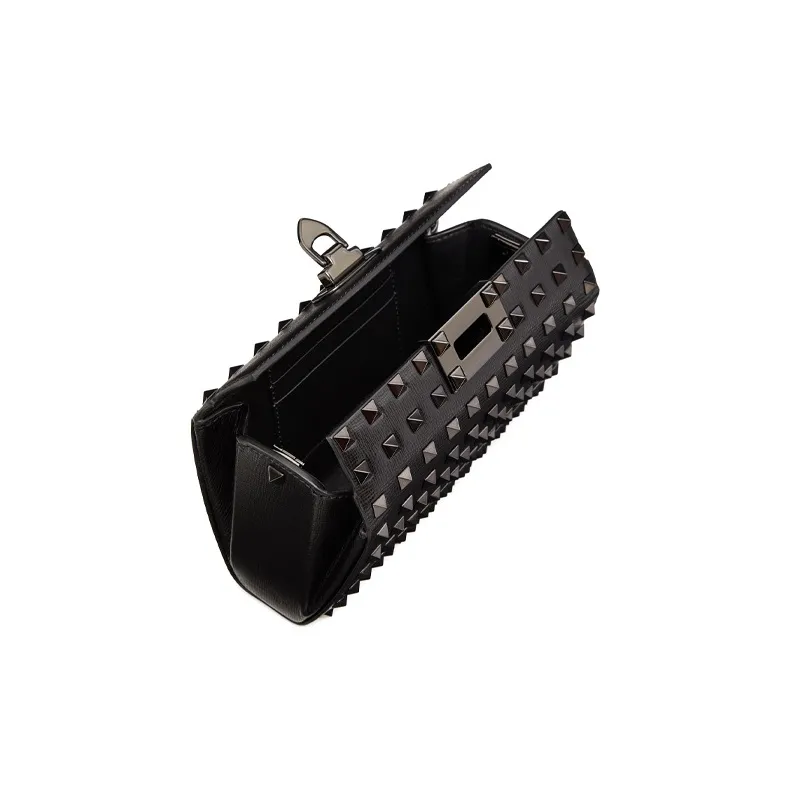 Valentino ROCKSTUD ALCOVE Grained Calfskin Clutch Shoulder Bag Crossbody Bag Handbag Small Size Women's Black-3