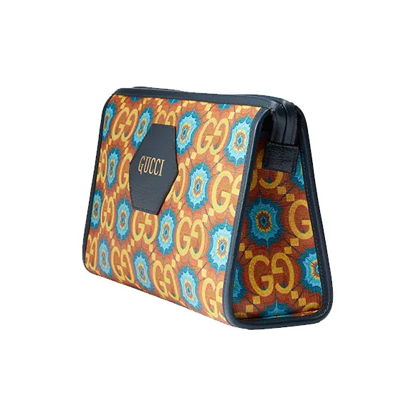 GUCCI Canvas With Leather Clutch Unisex Orange & Dark Blue-1