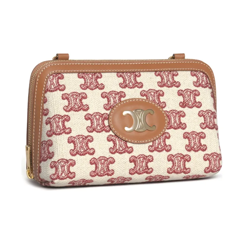 CELINE Triomphe Embroidered Fabric Cow Leather Binding Chain Bag Shoulder Bag Crossbody Bag Women's Red Fox-2