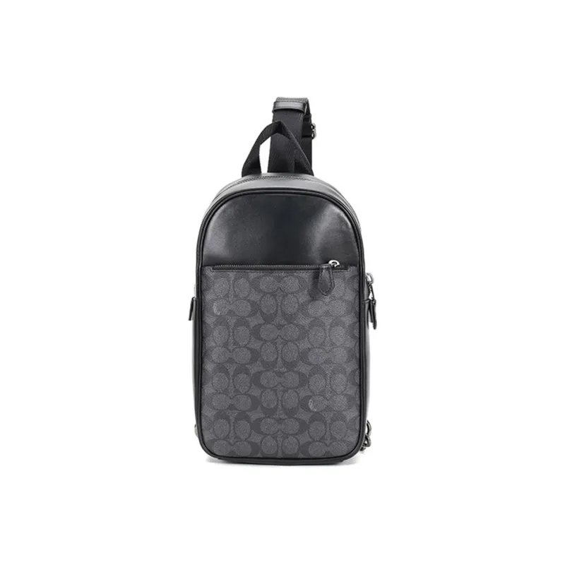COACH Canvas With Leather One Shoulder Crossbody Sling Bags Small Size Men's Charcoal Gray Black-0