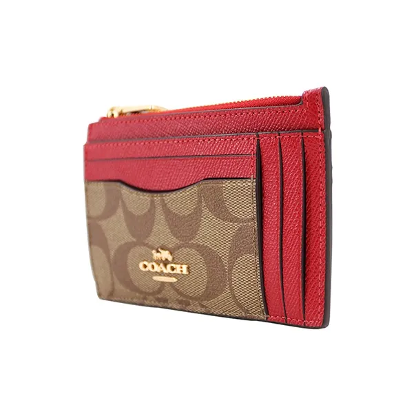 COACH Boxed Canvas With Leather Card Holder Wallet Women's Light Brown With Red-2
