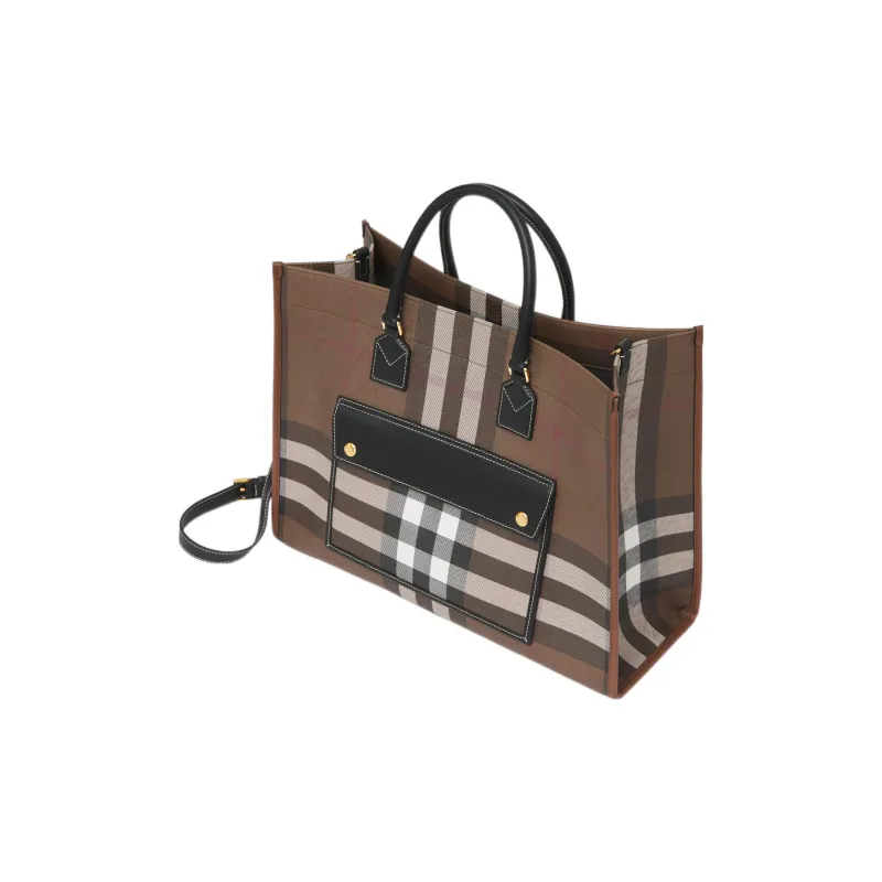 Burberry Check And Leather Freya Tote Bag Medium Dark Birch Brown-1