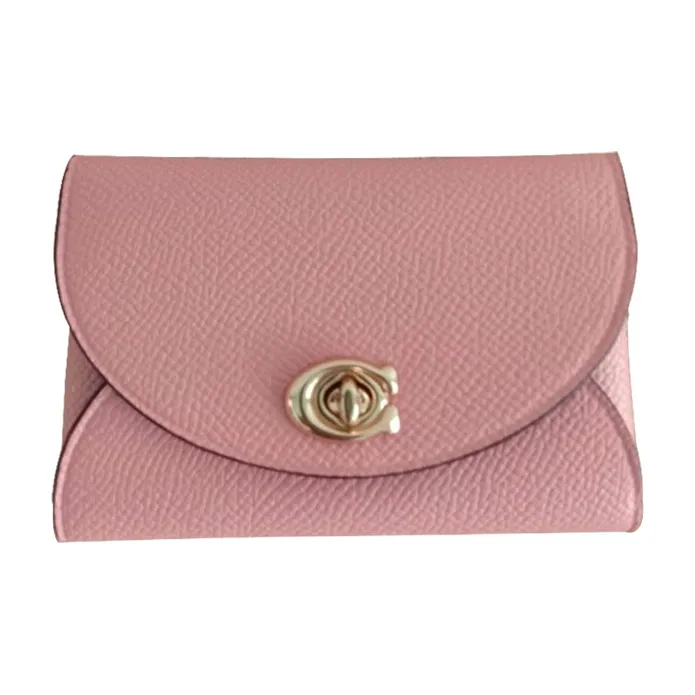 COACH Turnlock Cross Grain Leather Card Holder, Wallet Women's Pink-0