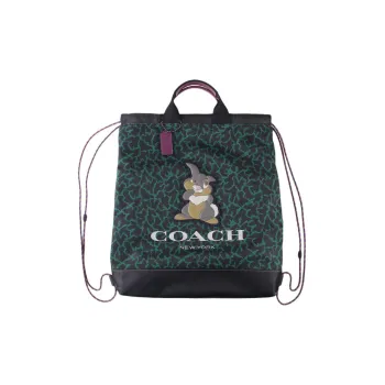 COACH X Disney Collaboration TerrainDrawstring Canvas With Calfskin Backpack Men's Dark Green