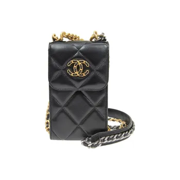 CHANEL Leather Chain Bag Cell Phone Pouch Women's Black