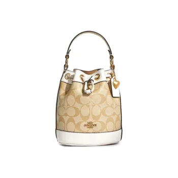 COACH Dempsey Coated Canvas With Leather Bucket Bags Shoulder Bag Crossbody Bag Handbag Small Size Women's Khaki White