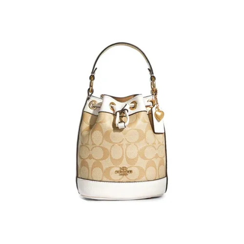 COACH Dempsey Coated Canvas With Leather Bucket Bags Shoulder Bag Crossbody Bag Handbag Small Size Women's Khaki White