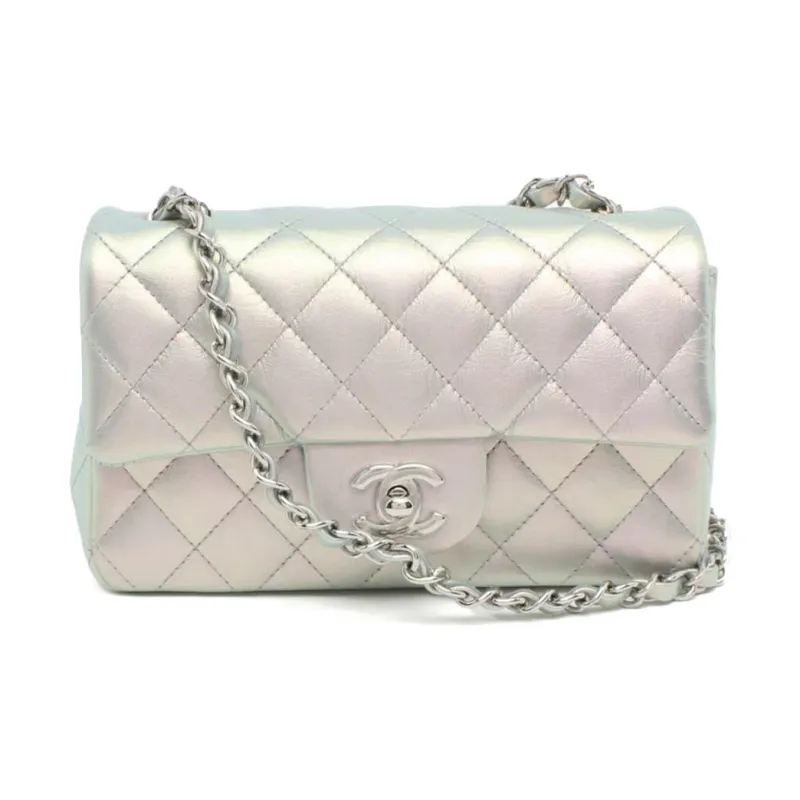 CHANEL Classic Flap CF Sheepskin Shoulder Bag, Crossbody Bag Women's Pearl Blue White-0