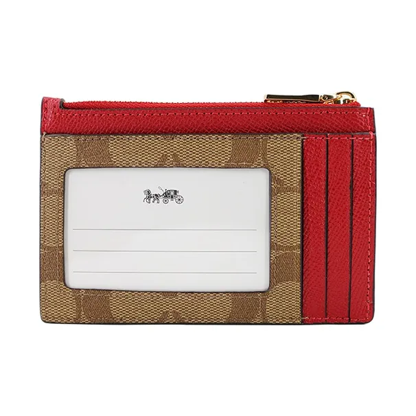 COACH Boxed Canvas With Leather Card Holder Wallet Women's Light Brown With Red-3