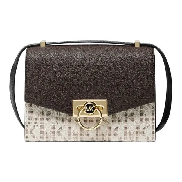 MICHAEL KORS Hendri Artificial Leather Messenger Bag, Shoulder Bag, Crossbody Bag Women's Dark Brown & Vanilla White-0