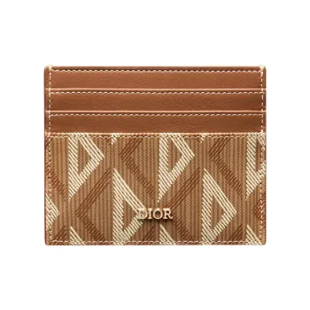 DIOR Smooth Cow Leather Cotton Grey Canvas Card Holder Men's Coffee