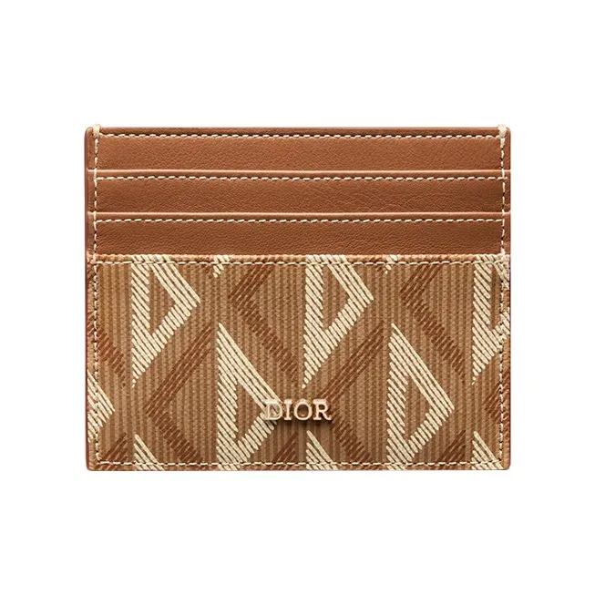 DIOR Smooth Cow Leather Cotton Grey Canvas Card Holder Men's Coffee-0