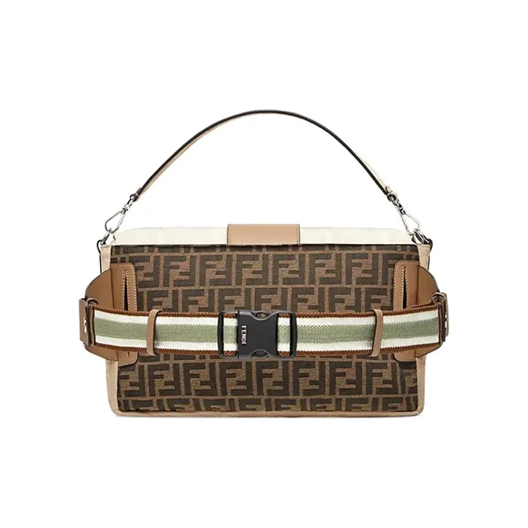 FENDI Baguette Canvas With Leather Crossbody Handbag Shoulder Bag Large Size Men's Brown/Beige-2