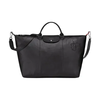 LONGCHAMP Le Pliage Cuir Sheepskin Shoulder Bag Crossbody Bag Handbag Large Size Unisex Black