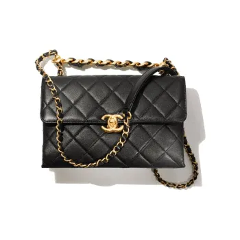 CHANEL 22SS Cow Leather Flap Bag, One Shoulder Handbag, Crossbody Bag Small Size Women's Black