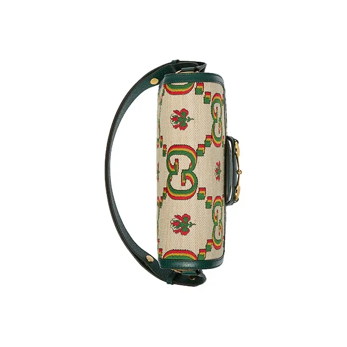 GUCCI Horsebit 1955 Jacquard With Leather Saddle Bag, Shoulder Bag, Crossbody Bag Trumpets Unisex Beige/Green-5