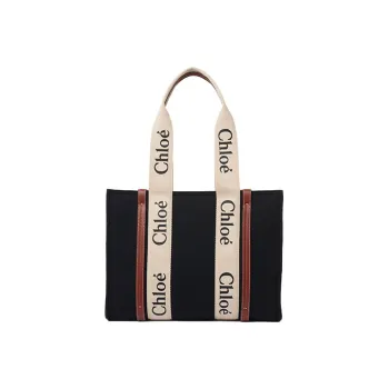 Chloe Woody Smooth Finish Calfskin Tote Bag Shopping Bag Shoulder Bag Handbag Medium Size Women's Black/Brown