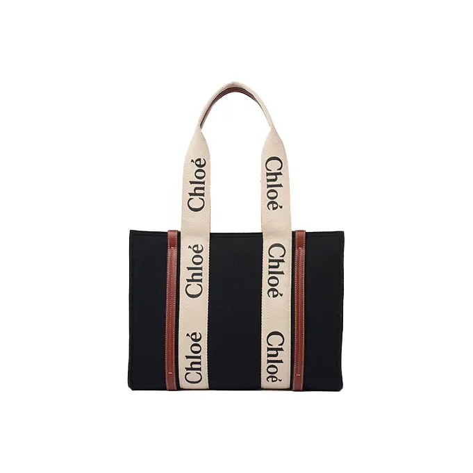 Chloe Woody Smooth Finish Calfskin Tote Bag Shopping Bag Shoulder Bag Handbag Medium Size Women's Black/Brown-0