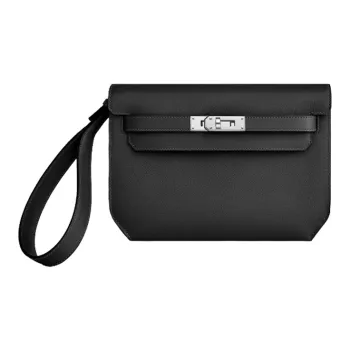 HERMES Kelly Depeches Evergrain Cow Leather Clutch Men's Noir Black
