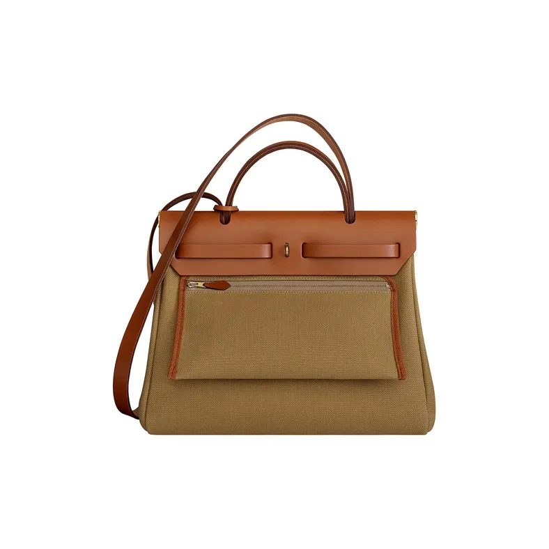 HERMES Herbag Zip Canvas With Hunter Cow Leather Portable Canvas Shoulder Bag, Crossbody Bag Unisex Linen Green-1